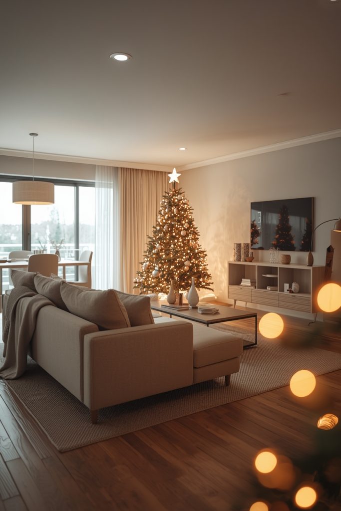 Christmas living room with rearranged furniture layout, open space, cozy sofa, and decorated tree creating a balanced and inviting holiday setting.