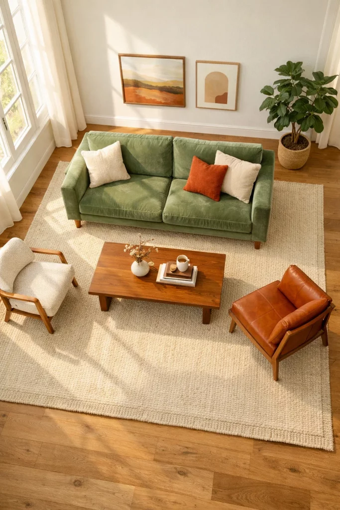 Free living room makeover idea showing furniture floated away from walls in a conversational layout with a jute rug anchoring the space