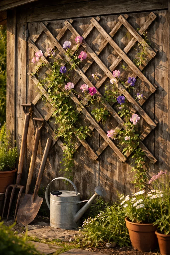 Wooden trellis ideas for garden using a reclaimed wood diamond lattice covered in sweet pea vines on a shed wall