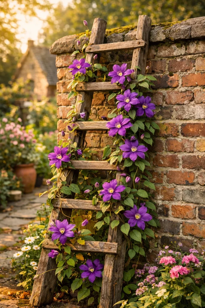 Repurposed wooden ladder trellis with clematis β unique upcycled trellis ideas for garden walls