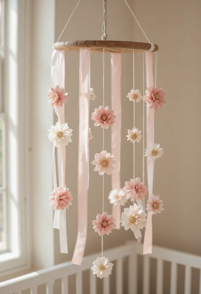 Handmade spring ribbon and floral mobile hanging in a sunny nursery