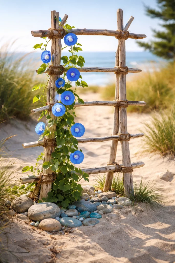 Unique trellis ideas for front of house using driftwood and rope with morning glory in a coastal garden setting
