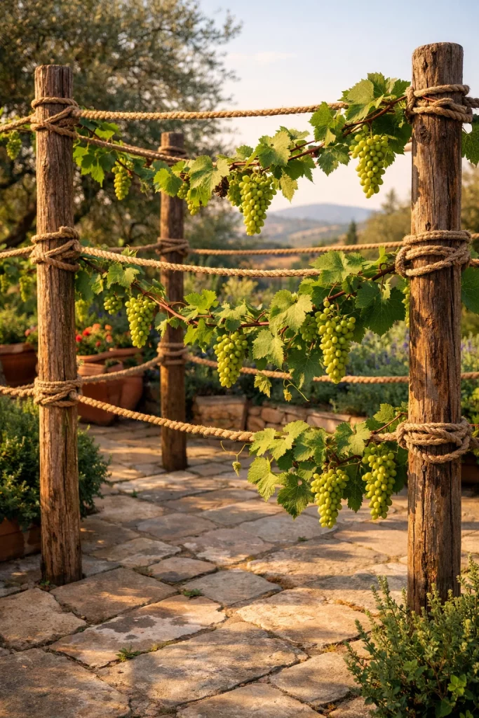 Rustic rope and post trellis with grapevines β DIY garden trellis ideas for patio spaces