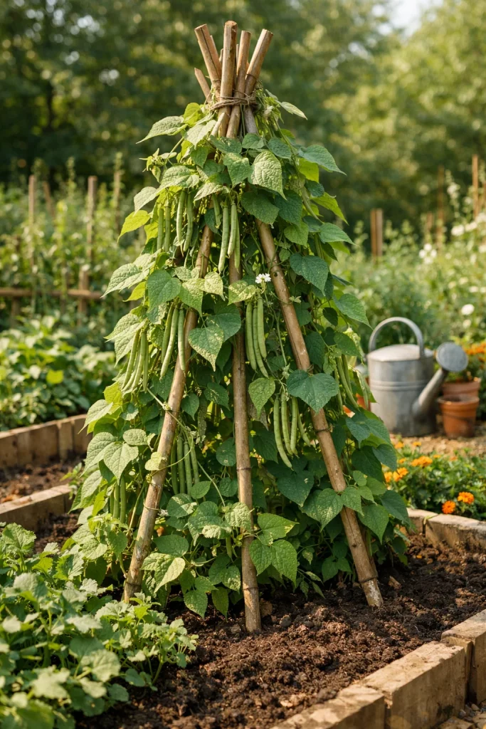 Simple trellis ideas for garden using a bamboo teepee structure covered in pole beans in a vegetable garden