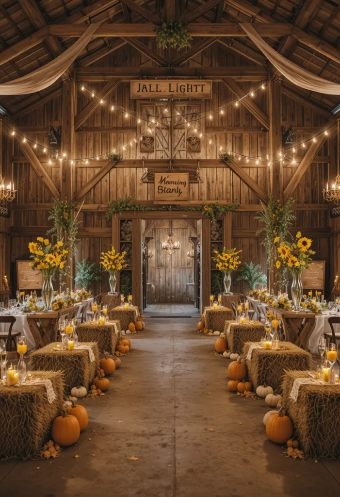 Rustic harvest barn fall wedding decoration with sunflowers pumpkins and fairy lights