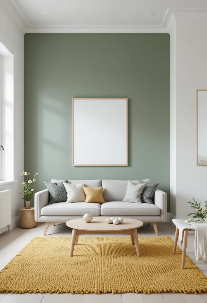 Sage green accent wall with mustard yellow rug in a minimalist living room
