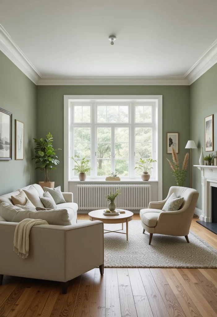 Sage green walls with warm wooden floors in a Scandinavian-style living room