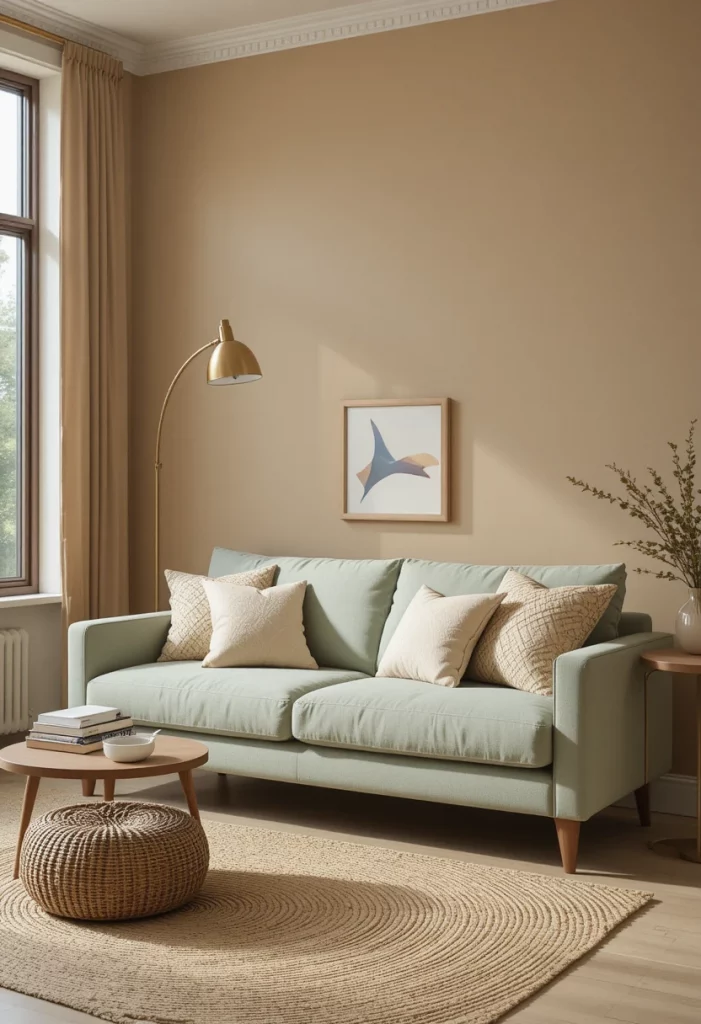 Sage green sofa in a beige living room with jute rug and brass accents
