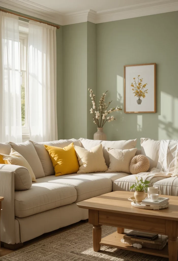 Sage green living room with lemon yellow accent pillows on a neutral sofa