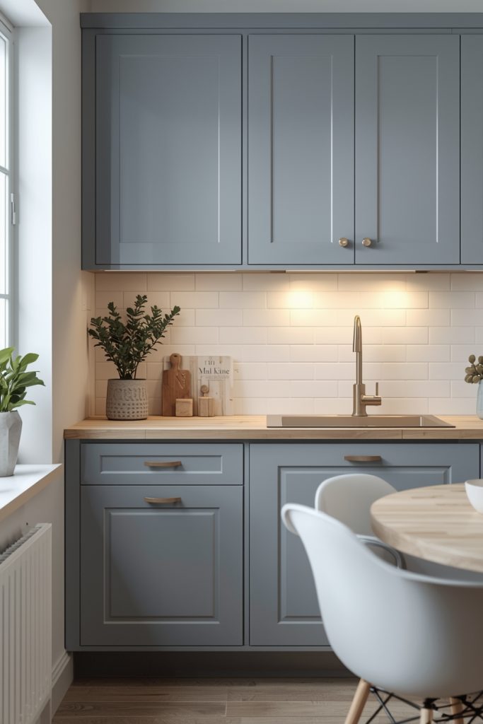 Scandinavian blue and white kitchen with pale gray-blue cabinets, birch wood counters and minimal decor