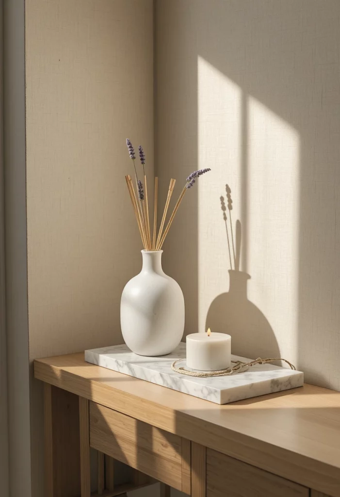 Spring living room decor idea — stone reed diffuser and candle on console table for seasonal scent styling