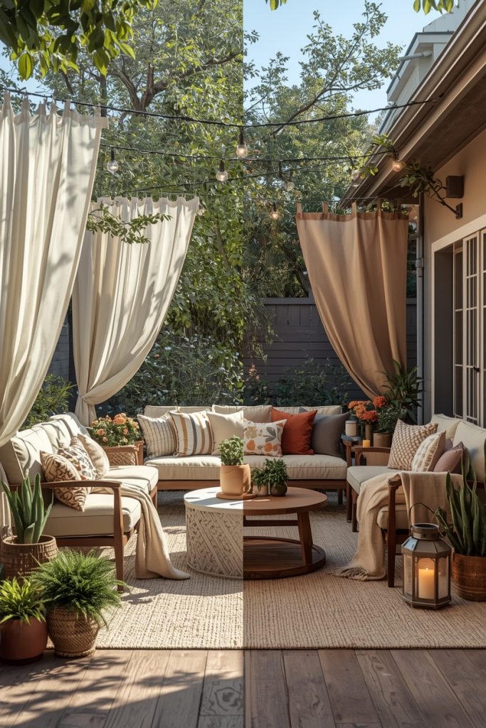 Seasonal outdoor patio makeover with summer and winter decor, featuring bright airy setup on one side and cozy warm lighting with blankets on the other.