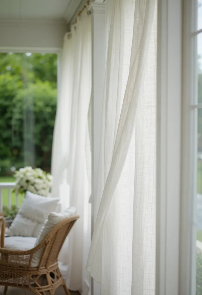 White sheer outdoor curtains blowing on summer porch creating privacy and romantic ambiance