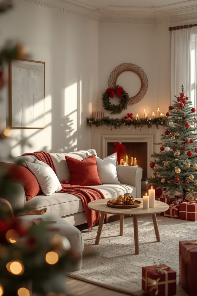 Christmas living room with a simple festive color palette featuring coordinated cushions, decor, and warm lighting for a balanced and cozy look.