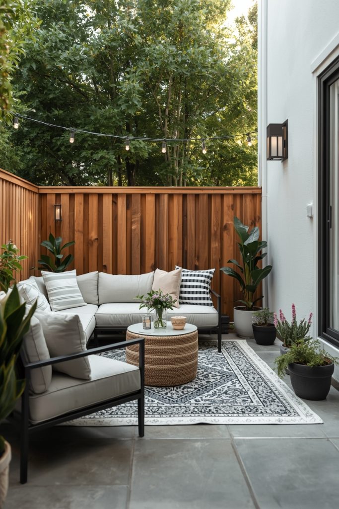 Simple weekend outdoor patio makeover with clean layout, rearranged furniture, plants, and soft lighting creating an easy and quick patio upgrade.