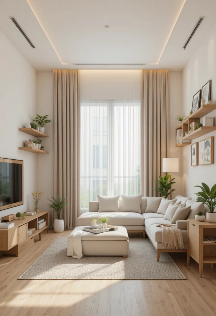 Small living room decor with floating shelves, high curtains and light oak furniture