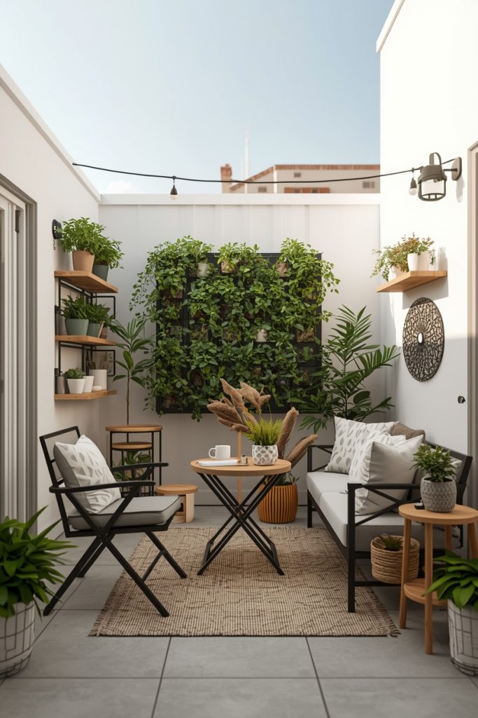 Small outdoor patio makeover with space-saving furniture, vertical garden, wall-mounted planters, and compact seating creating a stylish and functional small space.
