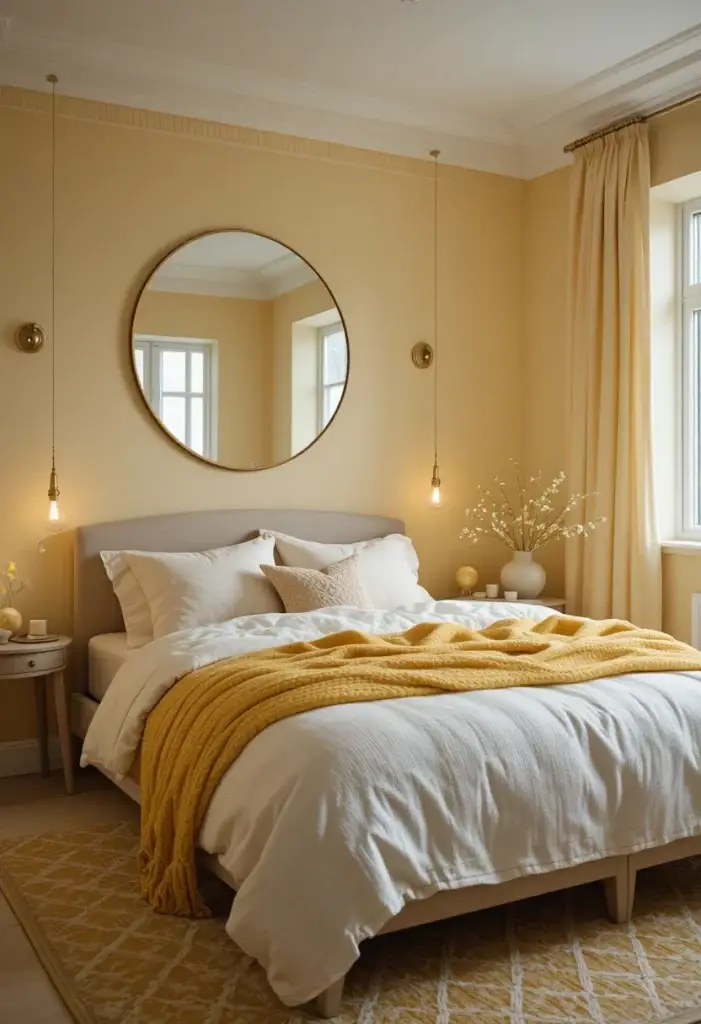 Small yellow bedroom ideas with pastel yellow walls, textured bedding and a round wall mirror to open the space