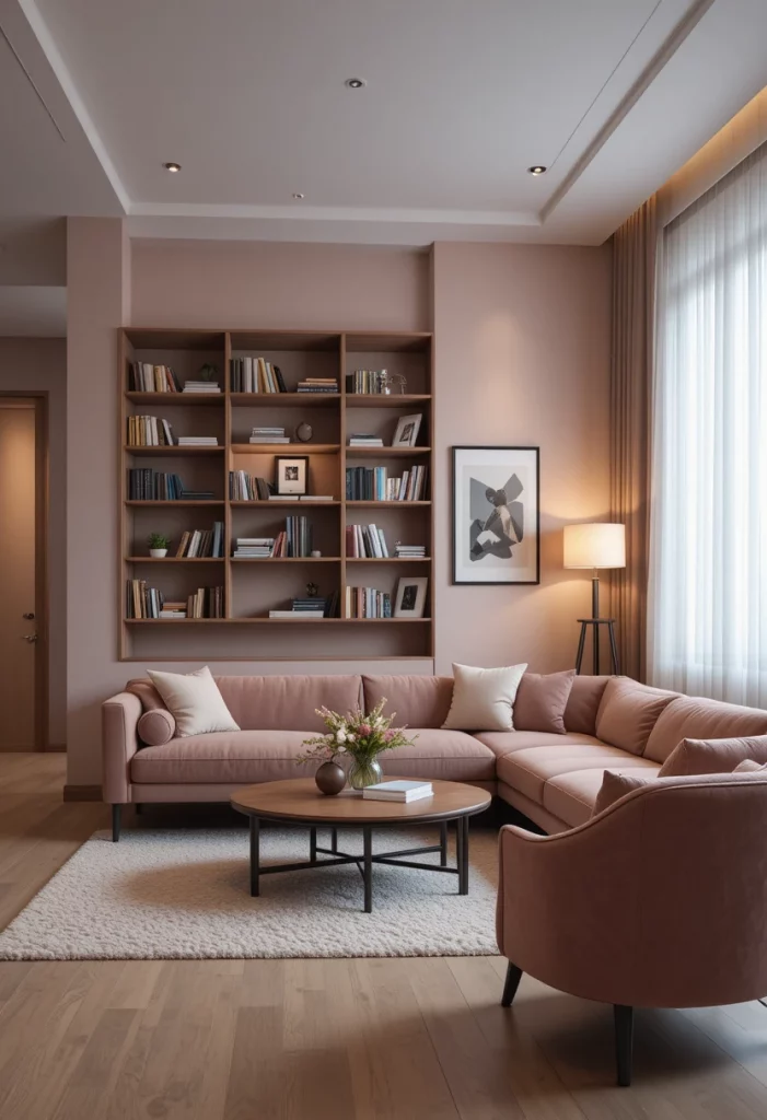 Living room decor ideas for apartments with zone-defining furniture and blush color palette