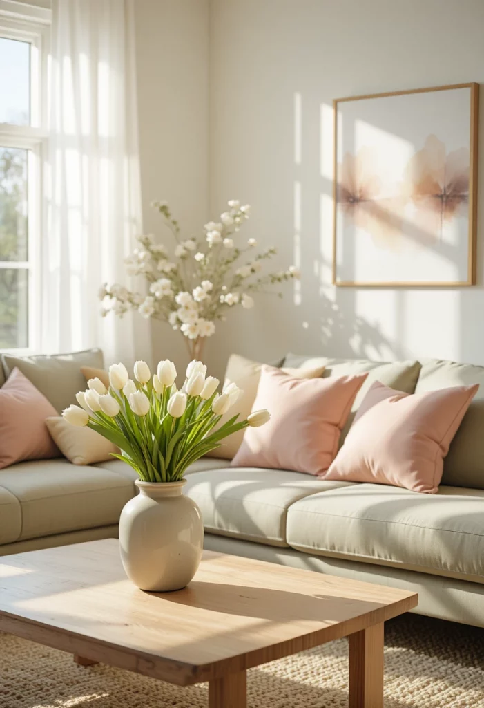 Spring living room decor with sage green sofa and pastel color palette ideas