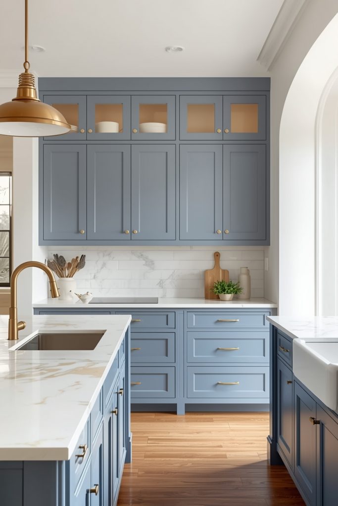 Blue and white kitchen with soft slate blue cabinets and white marble countertops with warm golden veining
