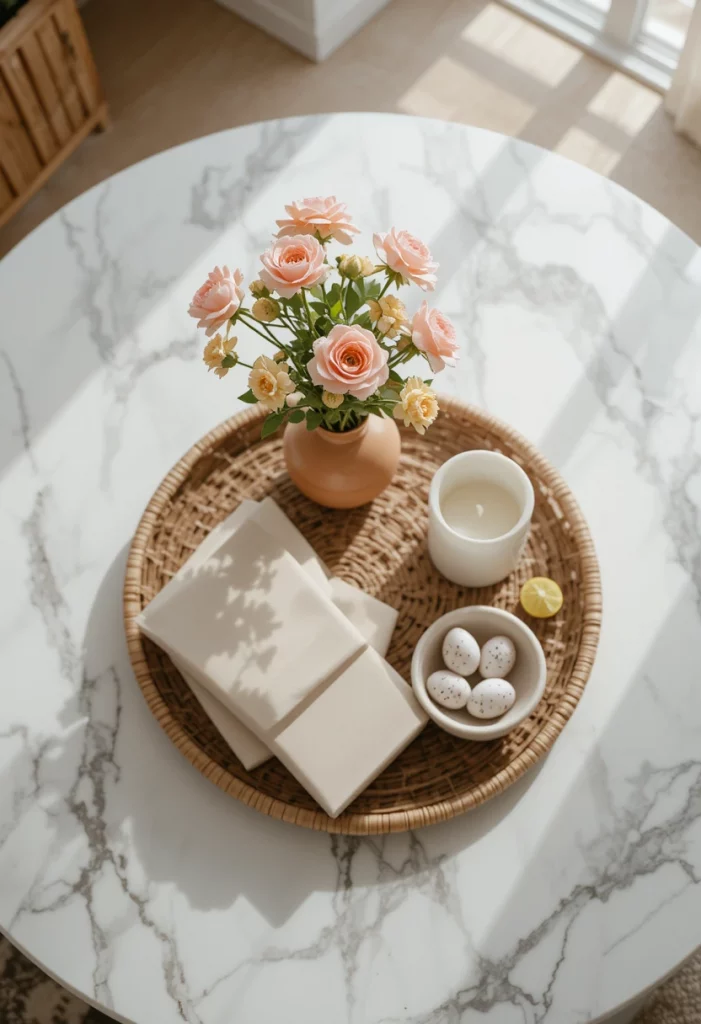 Spring living room coffee table vignette with florals, candle, and seasonal decor accessories