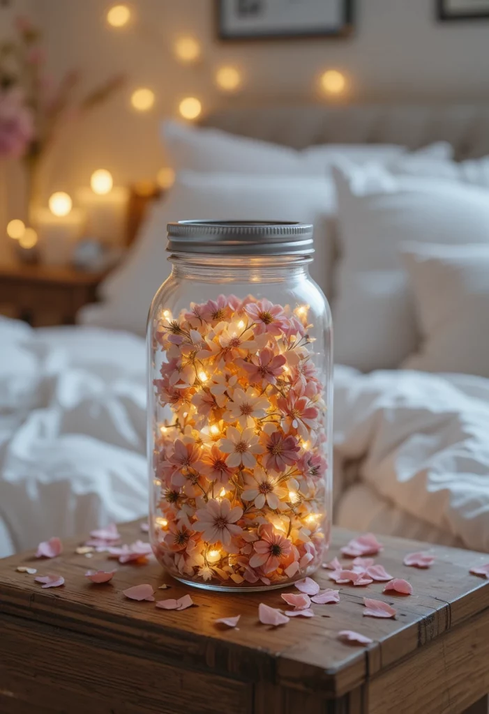 DIY fairy lights mason jar with dried flowers glowing on a nightstand spring bedroom decor