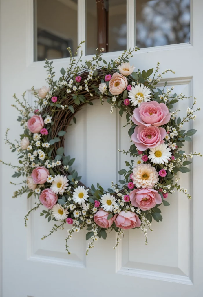 DIY spring floral wreath with pink and white flowers hanging on a white front door