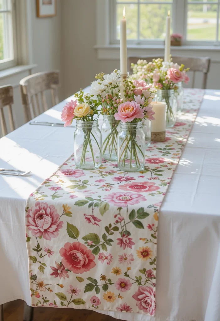 Handmade floral fabric table runner on a farmhouse dining table spring decor