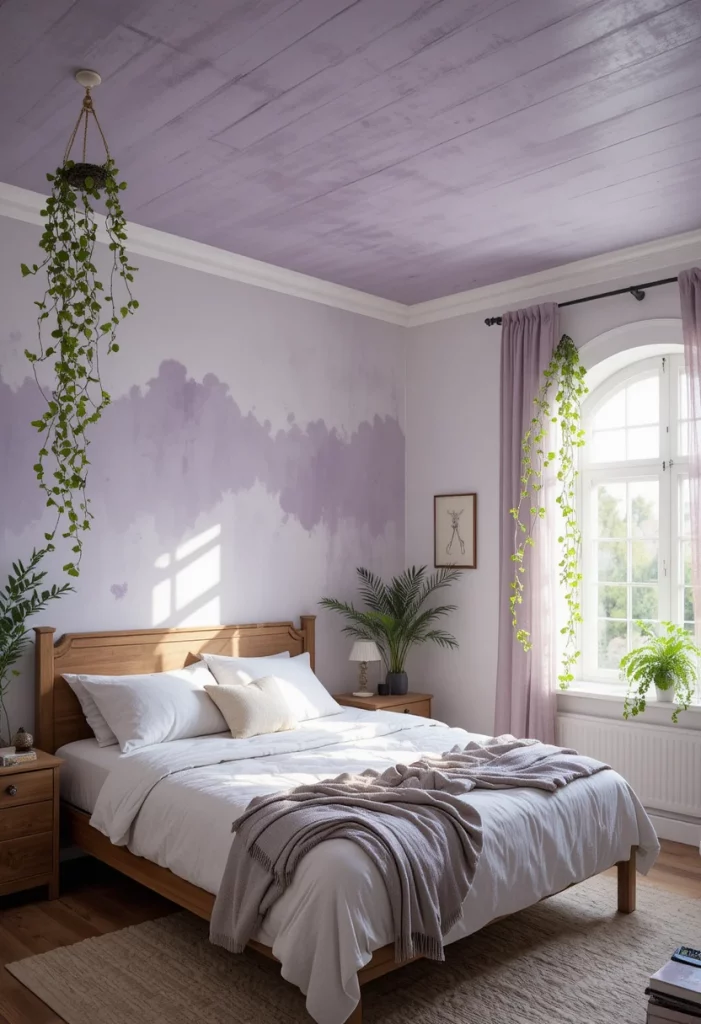 Colorful bedroom with dusty lilac painted ceiling and white walls for a dreamy look
