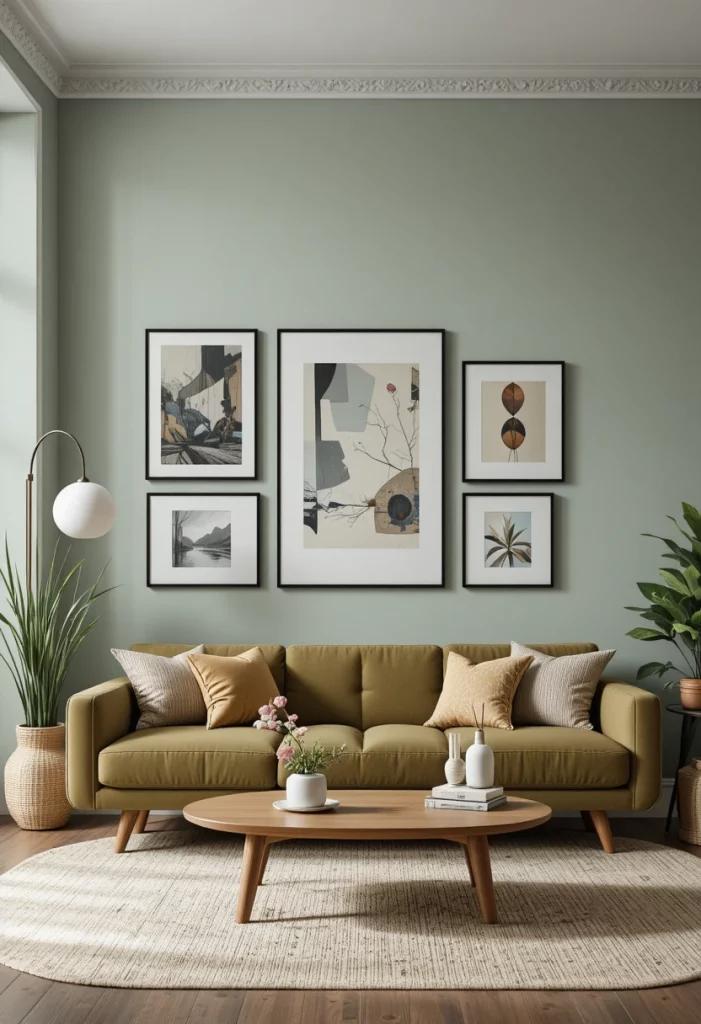 Modern living room wall decor with gallery wall, sage walls and abstract art prints