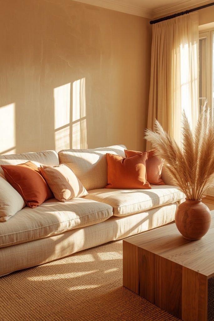 Warm neutral aesthetic living room 2026 with aged cream walls, sand linen sofa, terracotta cushions, and golden afternoon light