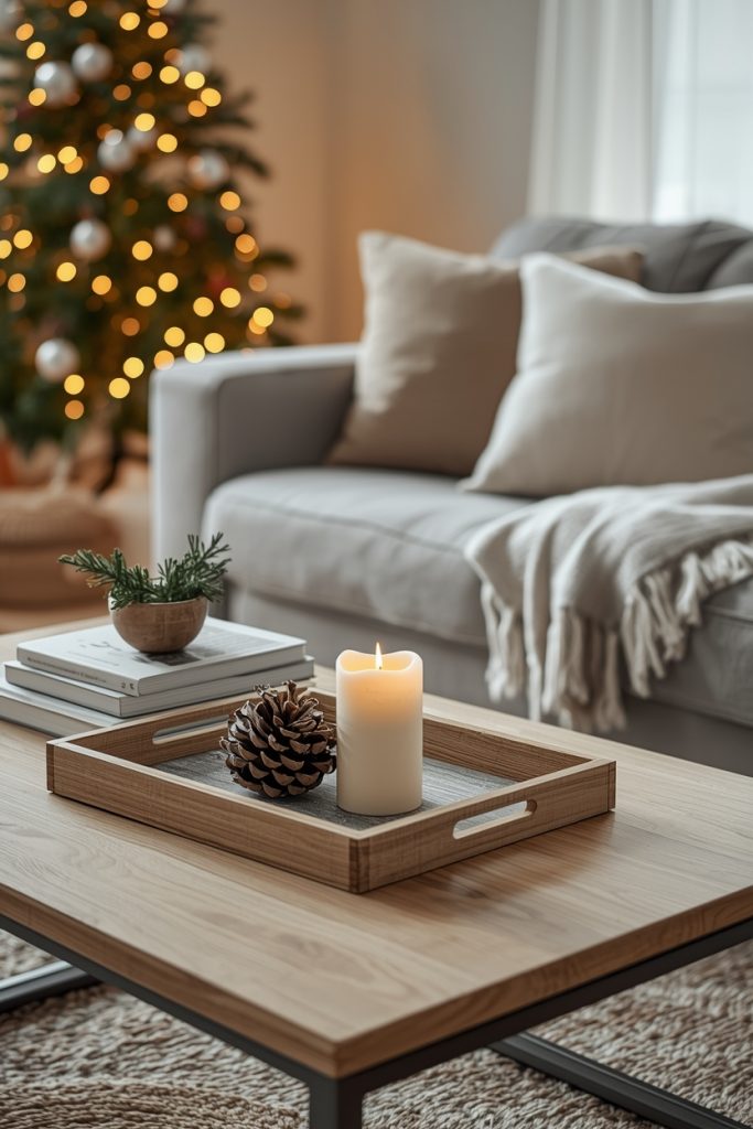 Christmas living room coffee table with simple decor, candle, and tray creating a clean and cozy holiday look.