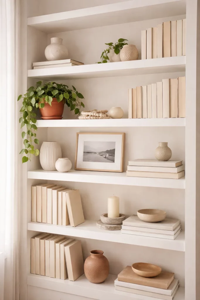Budget living room decor idea showing a styled white bookshelf with backward-facing books, ceramic vases, and trailing plants for a curated look