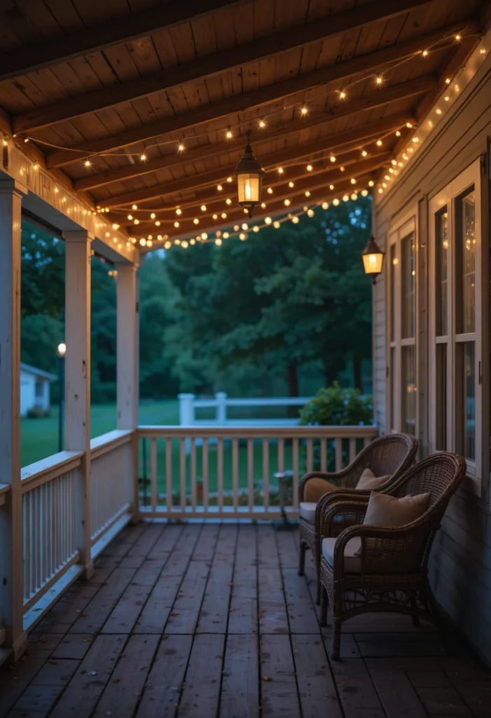 Summer porch decorated with warm white string light canopy at twilight creating a cozy outdoor ambiance