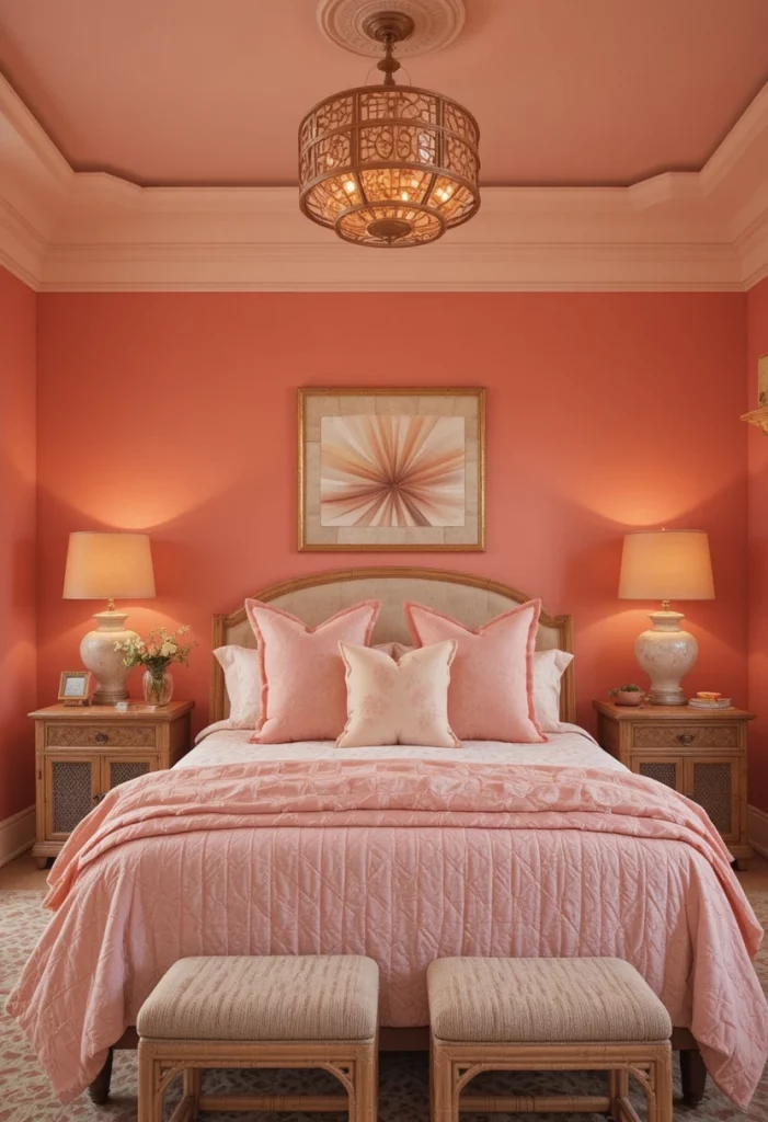 Sunset-inspired colorful bedroom with coral walls, peach bedding and warm amber lighting