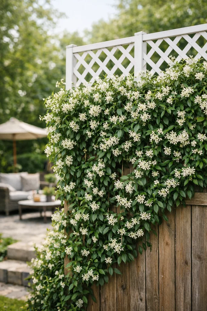 Tall garden trellis ideas for privacy showing lattice panels covered in star jasmine along a backyard fence