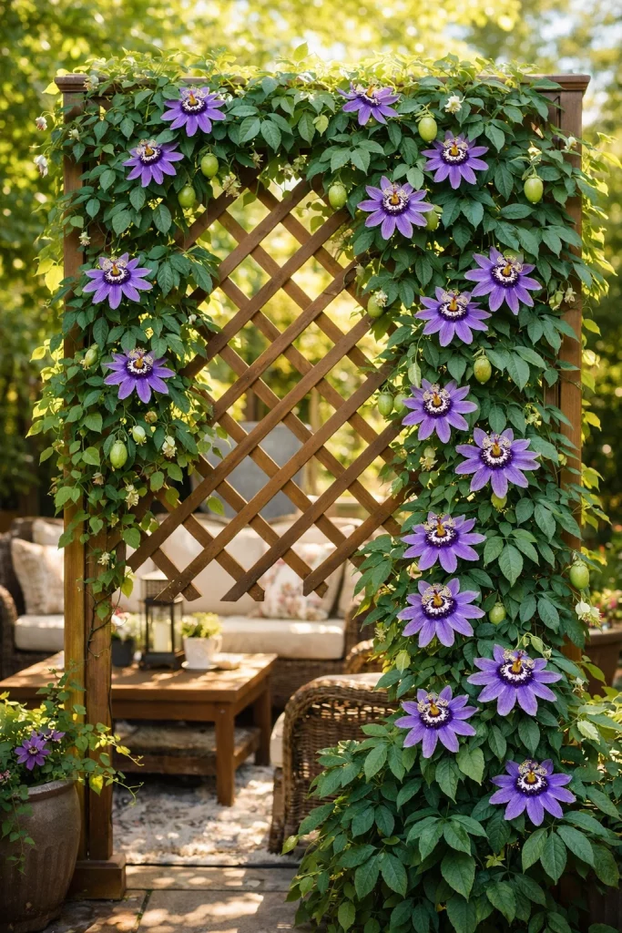 Tall wooden privacy trellis screen covered in passionflower vine β trellis ideas for privacy in backyard