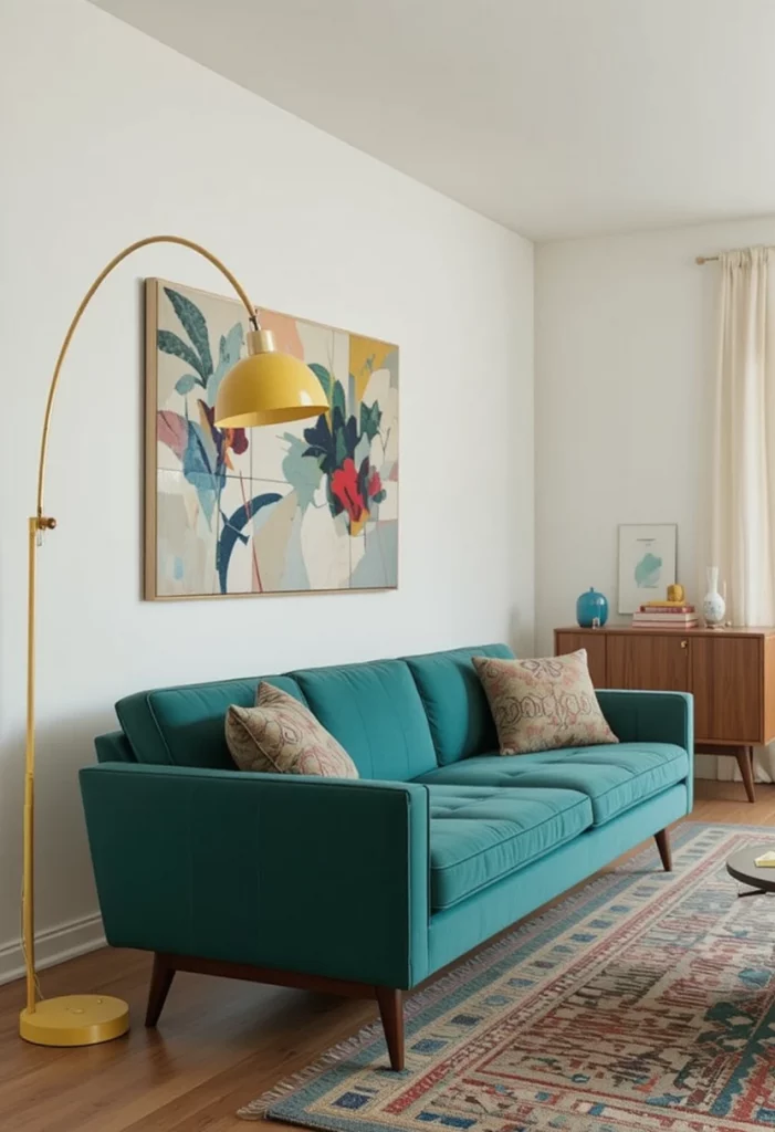 Mid-century modern living room with teal green sofa and sunshine yellow lamp
