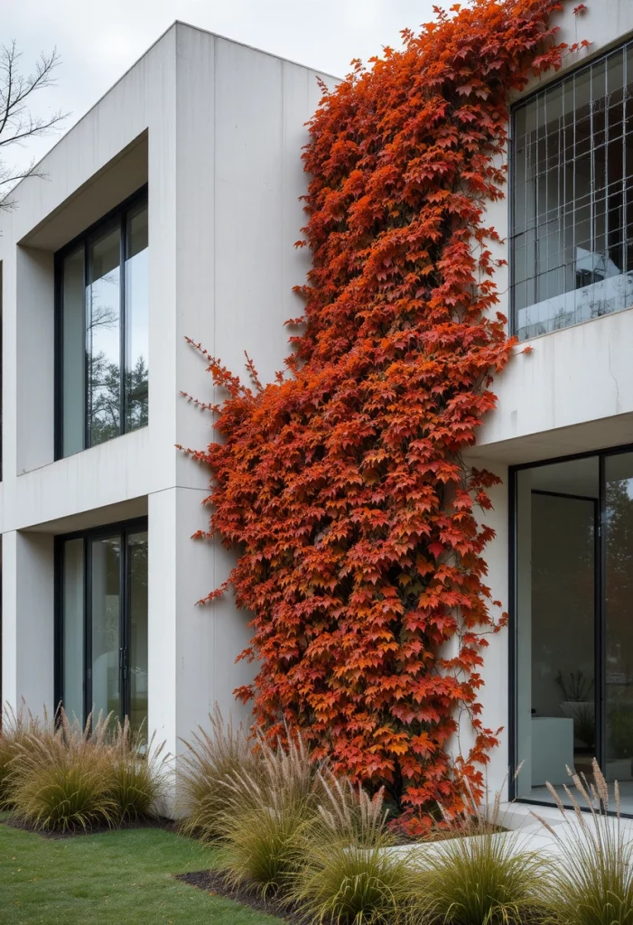 Modern trellis ideas showing a stainless steel tension wire system covered in Boston ivy on a contemporary home exterior