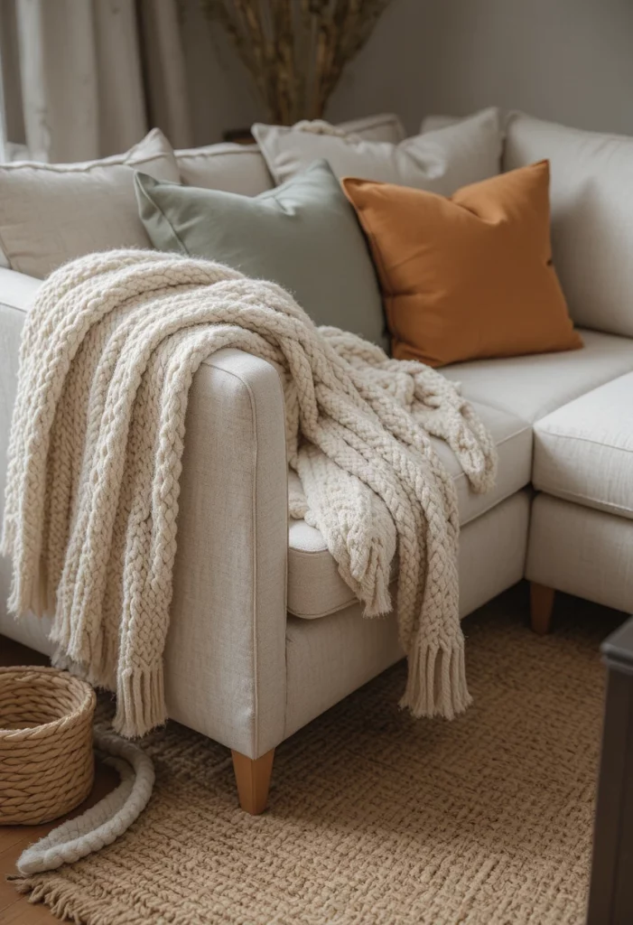 Layered textures aesthetic living room with cream linen sofa, chunky knit throw, velvet cushions, and jute rug in 2026