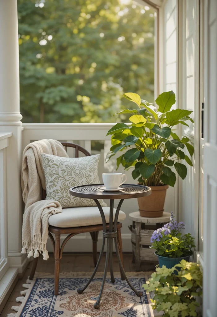 Cozy summer morning coffee nook on porch with bistro table, cushioned chair, and golden morning light
