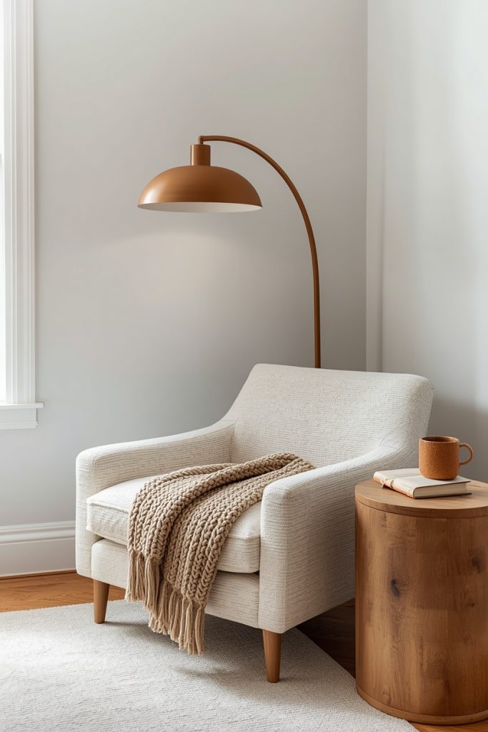 Cozy reading corner aesthetic living room 2026 with cream boucle armchair, knit throw, and arching floor lamp