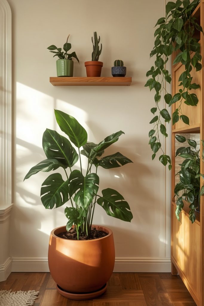 Biophilic aesthetic living room 2026 with large monstera, layered shelf plants, and trailing pothos in warm afternoon light