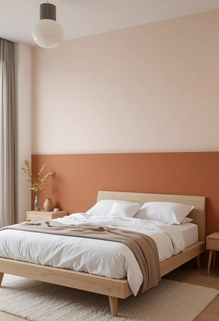 Two-tone colorful bedroom wall with terracotta and blush pink in a modern minimalist room