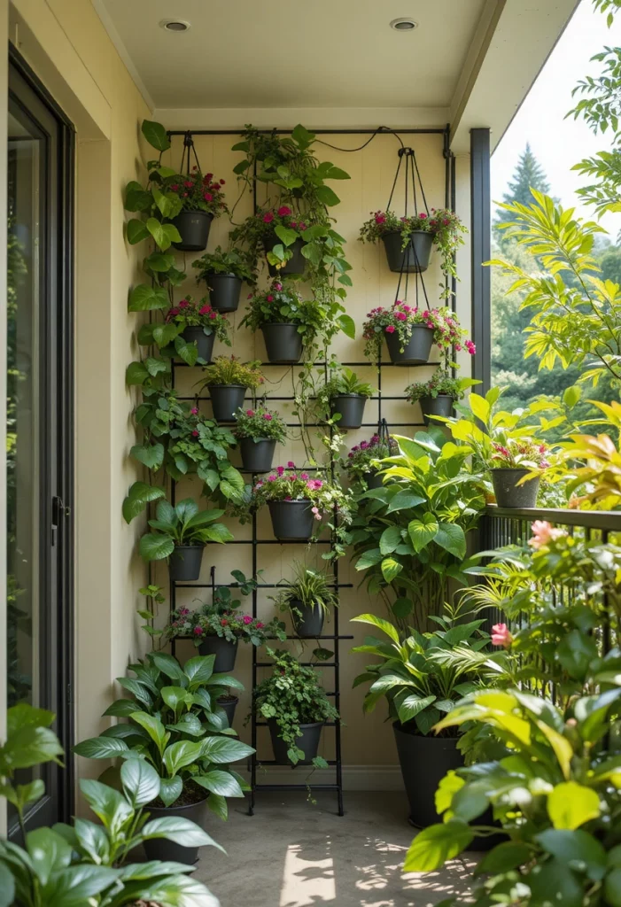 Vertical garden wall on small summer porch with tropical plants and trailing vines