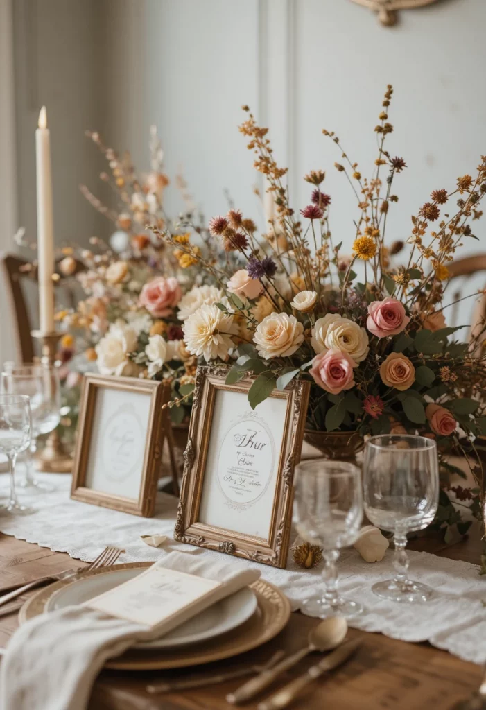 Vintage botanical fall wedding table decor with dried flowers antique brass vases and botanical prints