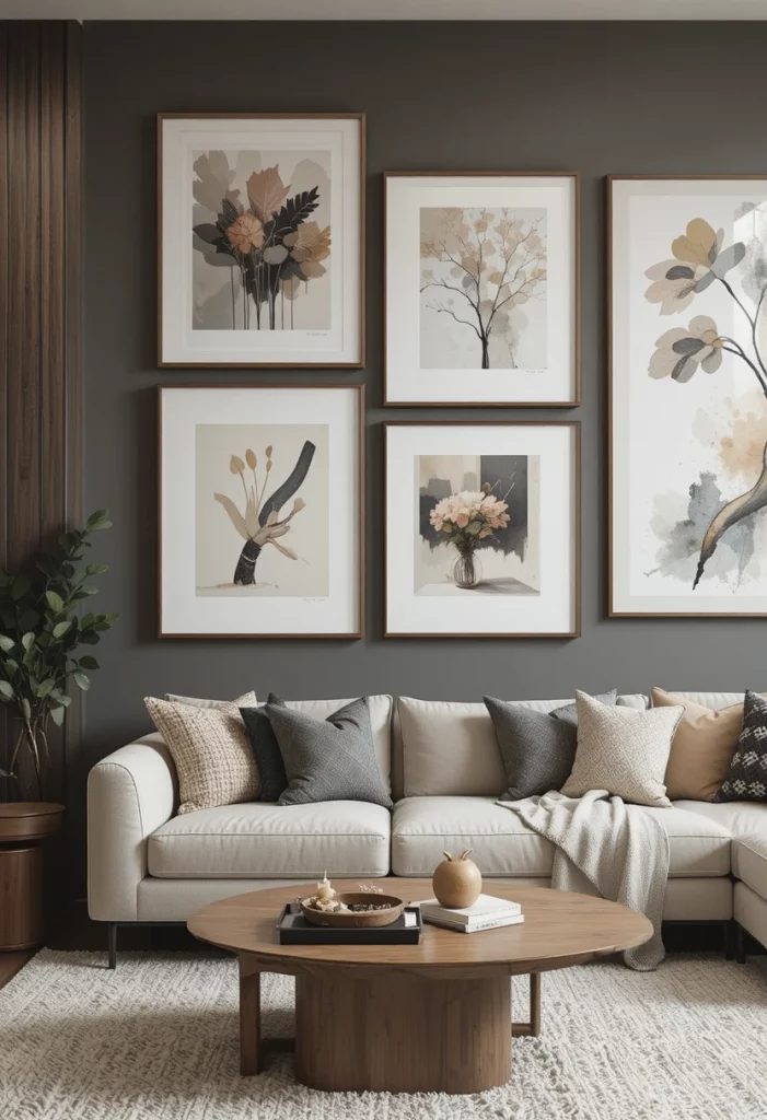 Aesthetic living room wall art with gallery wall and abstract prints