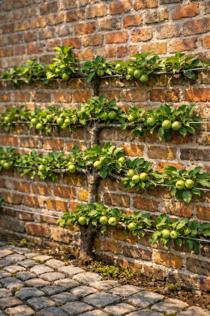 Garden trellis for climbing plants showing a wire espalier system supporting a fruit tree against a brick wall