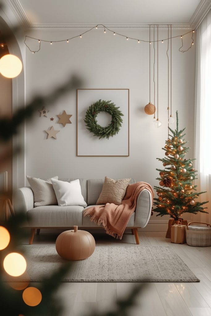 Christmas living room decor using wall space with wreath and string lights creating a clean and clutter-free small space.